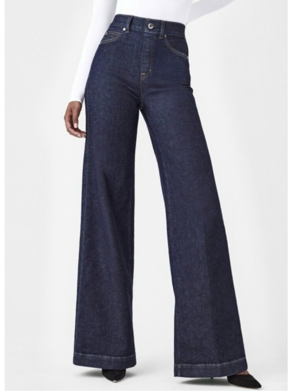 NWOT SPANX Wide Leg High Waist Dark Wash Pull On Jeans Size Medium Petite 28x30